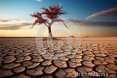 Solitary beauty lone tree resiliently standing in a cracked desert Stock Photo
