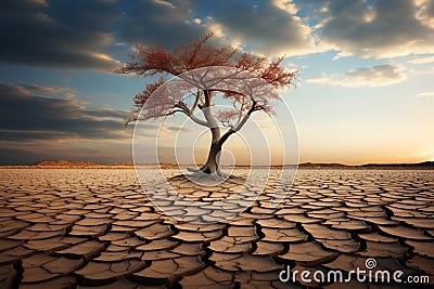 Solitary beauty lone tree resiliently standing in a cracked desert Stock Photo