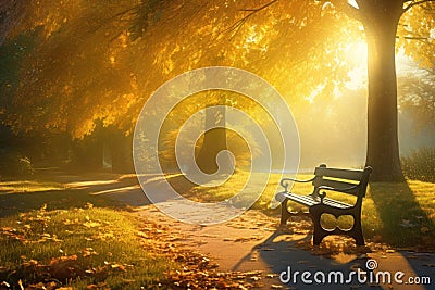 Solitary bench in autumn park with sunbeams falling through yellow trees creating soft golden mist. Generative AI illustration Cartoon Illustration