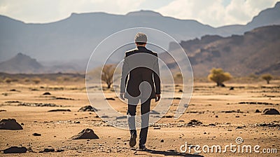 Solitary Businessman Walking Away in the Desert AI Generated Cartoon Illustration