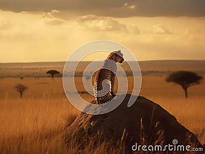 A Solitary Cheetah Under the African Sunrise Stock Photo