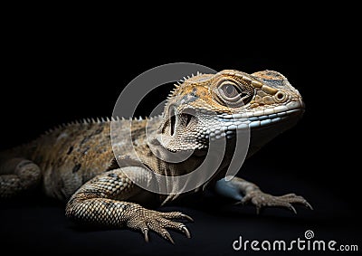 Solitary desert lizard isolated on a black background. AI-generated. Stock Photo