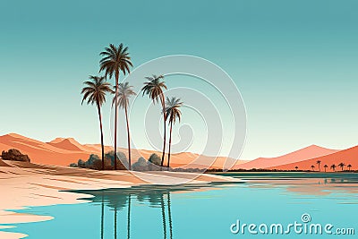 Solitary Desert Oasis, Palm Trees Providing Shade Beside Shimmering Pool Of Water Stock Photo