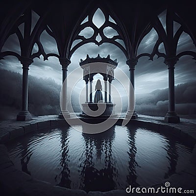 Solitary Figure in a Gothic-Style Pavilion Overlooking Misty Landscape Stock Photo