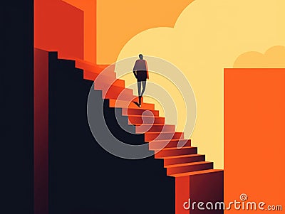 A solitary figure on a journey climbing the stairs of success. AI generation Stock Photo