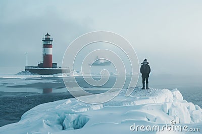 Solitary figure observing a frozen lighthouse on a tranquil winter day Stock Photo