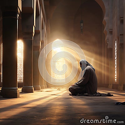 a solitary figure in prayer within the tranquil setting of a mosque bathed in sunlight Stock Photo