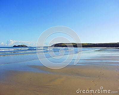 Solitary footprints cross the fresh sand towards the lighthouse at Godrevy near St Ives Cornwall Stock Photo