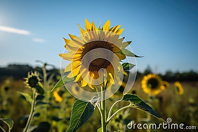 Solitary golden sunflower stands out on a blue field., generative IA Stock Photo