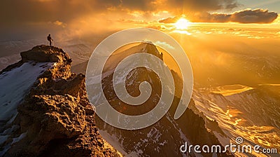 Hiker on the top of the mountain at sunset. Beautiful winter landscape. Stock Photo