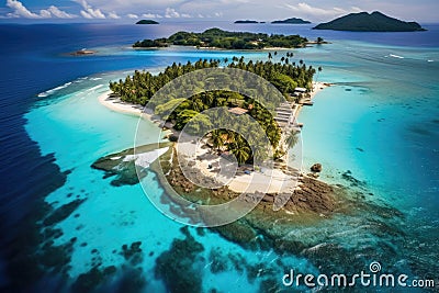 A solitary island located in the middle of the ocean, under the vast clear blue sky Stock Photo