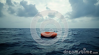 A solitary life raft floating in the middle of the ocean reminding us of the isolation and vulnerability of life at sea Stock Photo