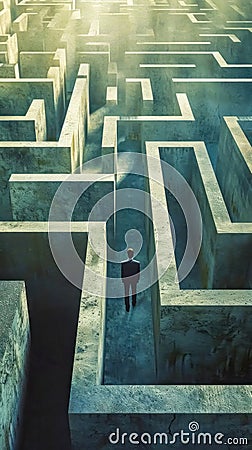 A solitary man in a suit stands at a crossroads within an immense concrete maze, contemplating the path ahead under a Stock Photo