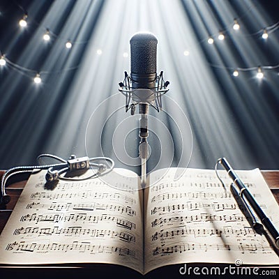 A musical microphone and music stand, sits on alone on stage ready to play, under a strong single spotlight Stock Photo