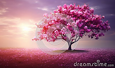 Solitary pink sakura tree in vast field against golden sunset. Created with AI Stock Photo