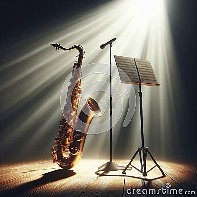 A musical instrument: saxophone, sits on alone on stage ready to play, under a strong single spotlight Stock Photo