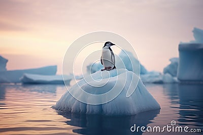 Solitary Sentinel: A Lone Penguin Stands Vigil on a Pristine Iceberg. Generative AI Stock Photo