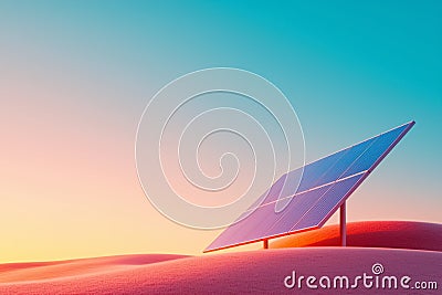 A solitary solar panel is tilted towards the soft glow of dawn in a clear open field. Subtle shadows create a tranquil Stock Photo