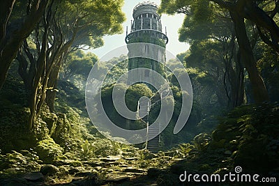 Solitary tower rising above the lush and Stock Photo