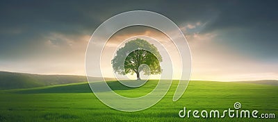 Solitary tree standing on a hilltop on beautiful sunrise, landscape panorama with vibrant green grass fields. Generative AI Cartoon Illustration