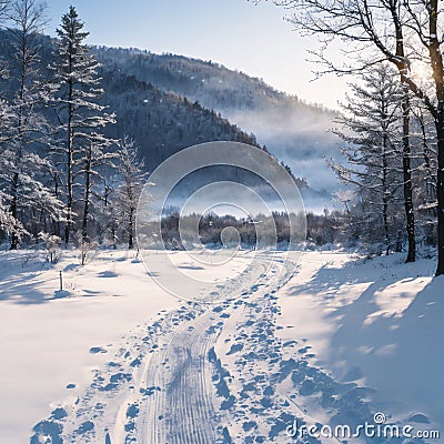 a solitary tree and tracks in the snow in a winter landscape. Stock Photo