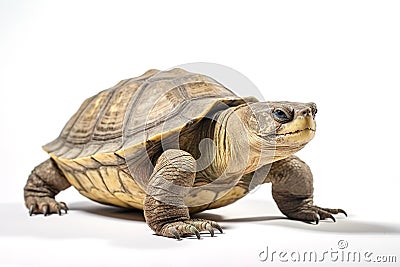 A solitary turtle, set against a clean white backdrop, showcasing its brown carapace while leisurely walking, embodies the essence Stock Photo