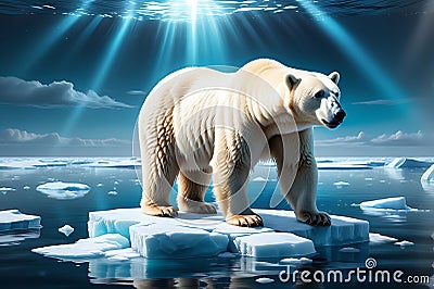 Solitary Vigil: Polar Bear Stranded on a Shrinking Ice Floe Amidst Vast Open Blue Water - Dramatic Lighting Highlights the Arctic Stock Photo