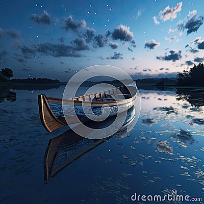 A solitary wooden boat on the calm surface of the lake under the tranquil blue hues of the twilight sky Stock Photo