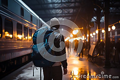 In solitude, a backpacking traveler navigates the train station's bustling corridors Stock Photo