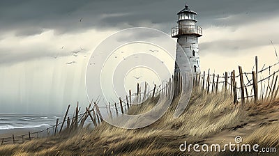 Solitude at the Lighthouse: A Haunting Scene of Birds, Weather Stock Photo