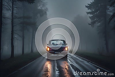 Solitude's Veil A Lone Car's Journey Through the Haunting Fog on Desolate Roads Stock Photo
