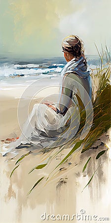 Solitude and Serenity: A Woman's Prayer on the Beach Stock Photo