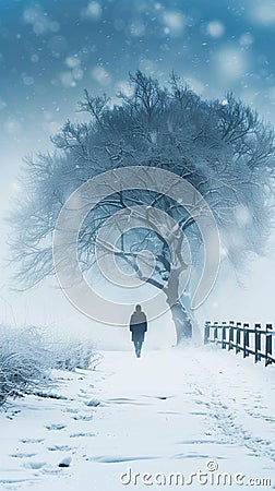 Solitude in snow Lonely figure on a snowy winter background Stock Photo