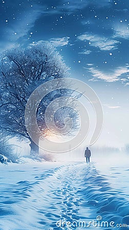 Solitude in snow Lonely figure on a snowy winter background Stock Photo