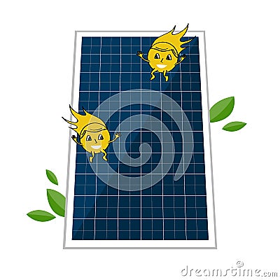 Sollar batter and two cute sun beam characters. Solar energy and power concept to save the environment. Alternative Vector Illustration