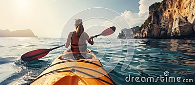 Solo female kayaker in serene ocean, rear view of woman enjoying summer outdoor adventure Stock Photo