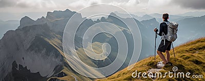 Solo hiker admiring the view on top of a mountain. French Alps view of the Col des Aravis - tourism and vacation - Pointe de Stock Photo