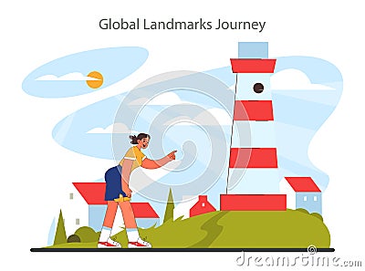 Solo travel. Character traveling to global landmarks. world's famous places Vector Illustration