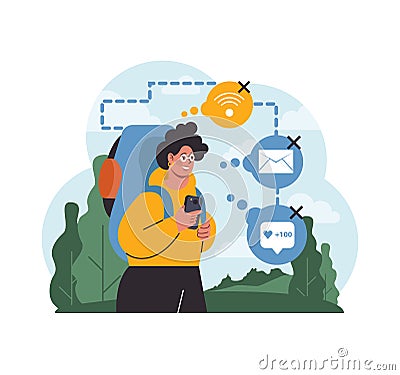 Solo travel, honeymoon. Character traveling with a back pack. Vector Illustration