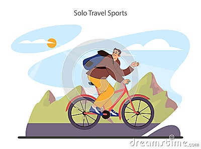 Solo travel sport. Character traveling alone with a back pack. Bicycle trip. Vector Illustration