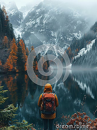 Solo traveler admiring a breathtaking landscape Stock Photo