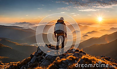 Solo traveler with a backpack standing on a mountain peak at sunrise Stock Photo
