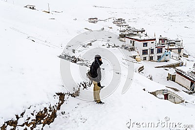 A Solo Traveler - Snow Covered Langza Village, Spiti Valley, Himachal Pradesh Editorial Stock Photo