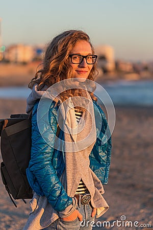 Solo traveller female with backpack Stock Photo