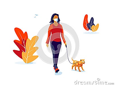 Solo Woman Wearing Face Mask with Dog Walking Isolated on White Background Vector Illustration