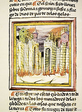 Solomon Temple destruction. Nebuchadnezzar II burns the temple in 587 BCE Cartoon Illustration