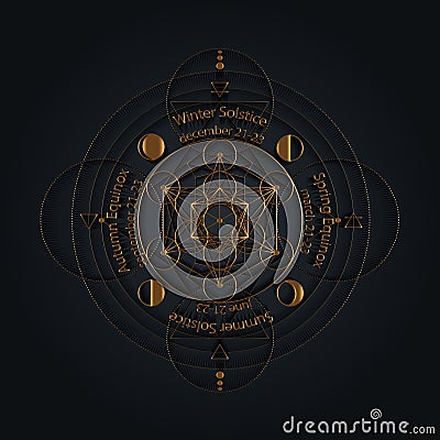 Solstice and equinox circle stylized as linear geometrical design with gold thin lines on black background with dates and names, Vector Illustration