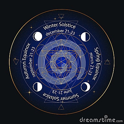 Solstice and equinox circle stylized as linear geometrical design with white and gold thin lines on night sky background with date Vector Illustration