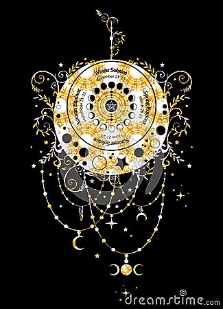 solstice and equinox circle, wheel of moon phases with dates and names. Gold luxury floral crescent moon in boho style Vector Illustration