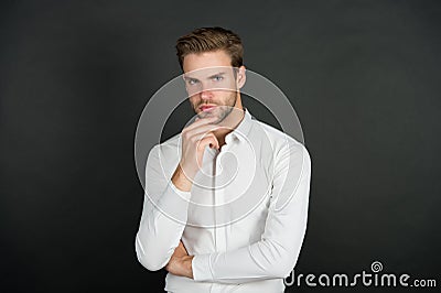 Solution. Deal with unforeseen circumstances. Crisis problem. Businessman in formal outfit. Confident man thinking Stock Photo